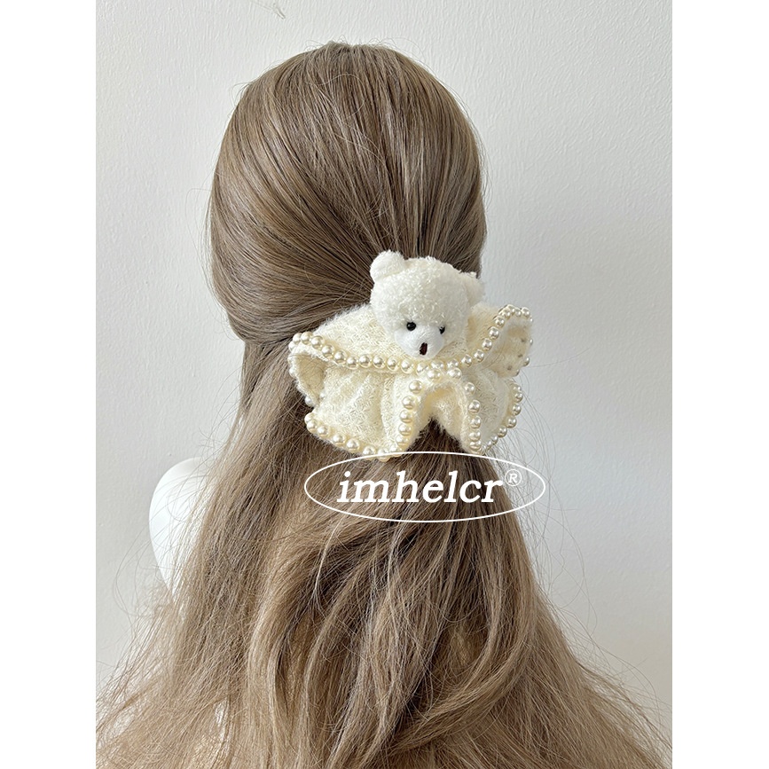 Women's Handmade Plush Pearl Edge Hair Tie All Seasons White Little Bear