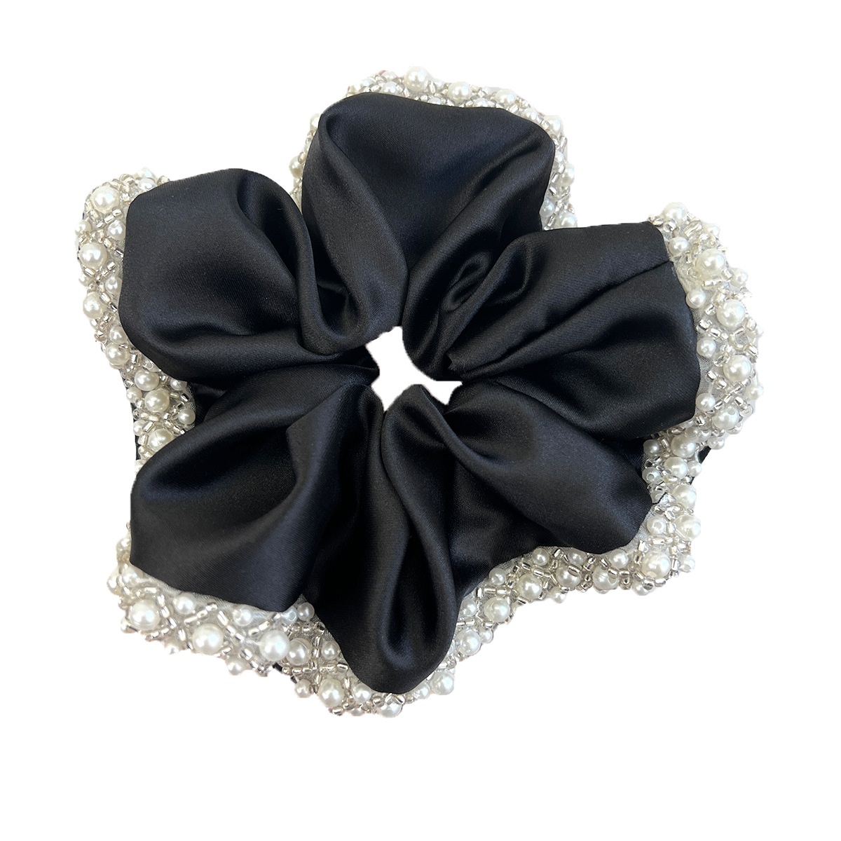 Women Elegant Satin Hair Tie Vintage Pearl Crystal Edge Pleated Scrunchie