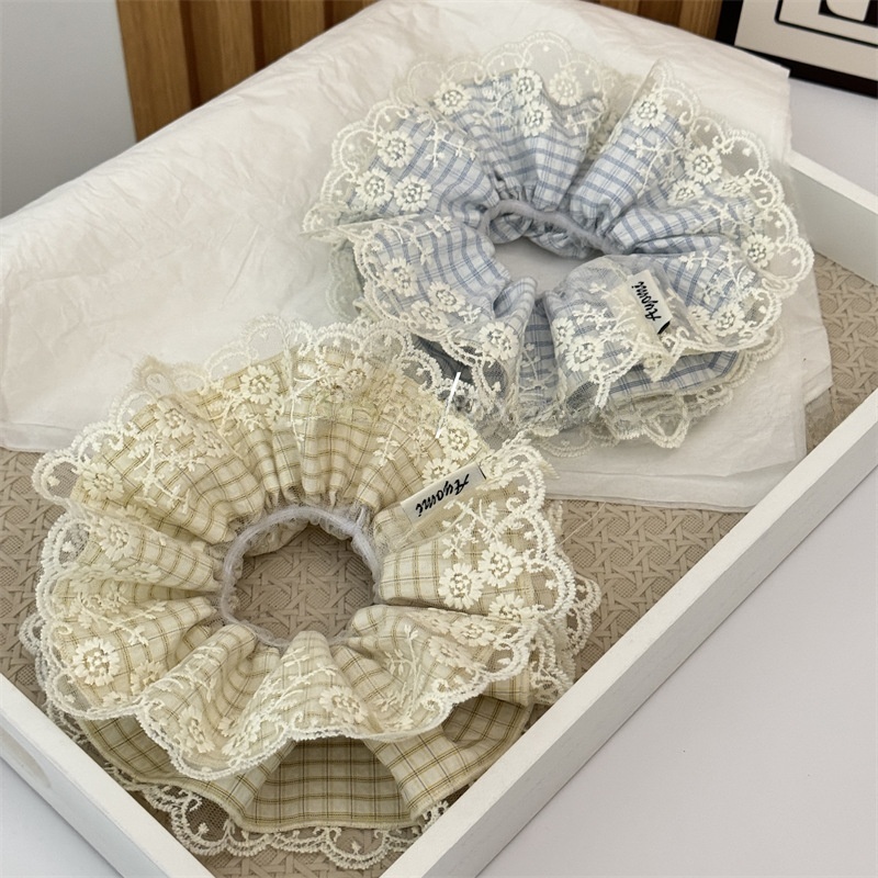 Women's Everyday Cloth Hair Scrunchies Blue Yellow Plaid Lace