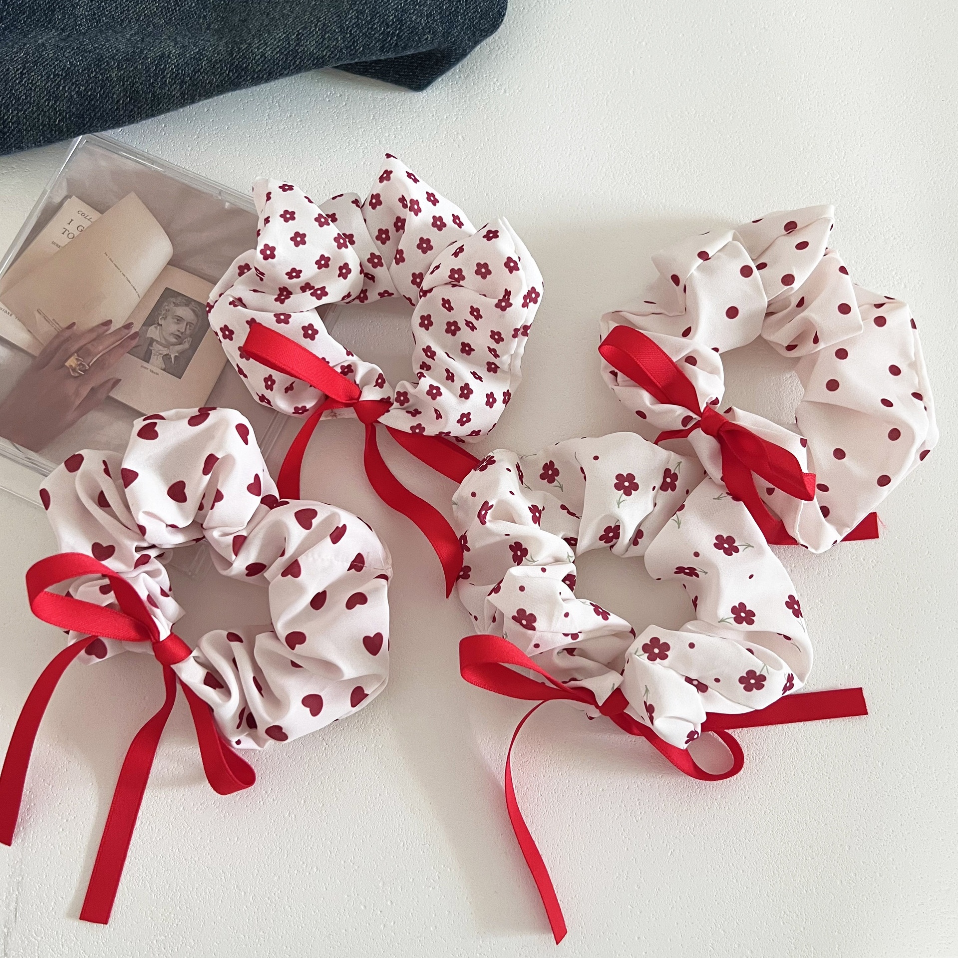 Women's Cloth Bowknot Hair Tie White Red Ditsy Floral Heart Print