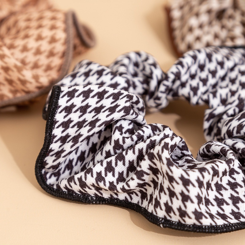Women's Fabric Hairband Bun Headwear Houndstooth Plaid Black Coffee
