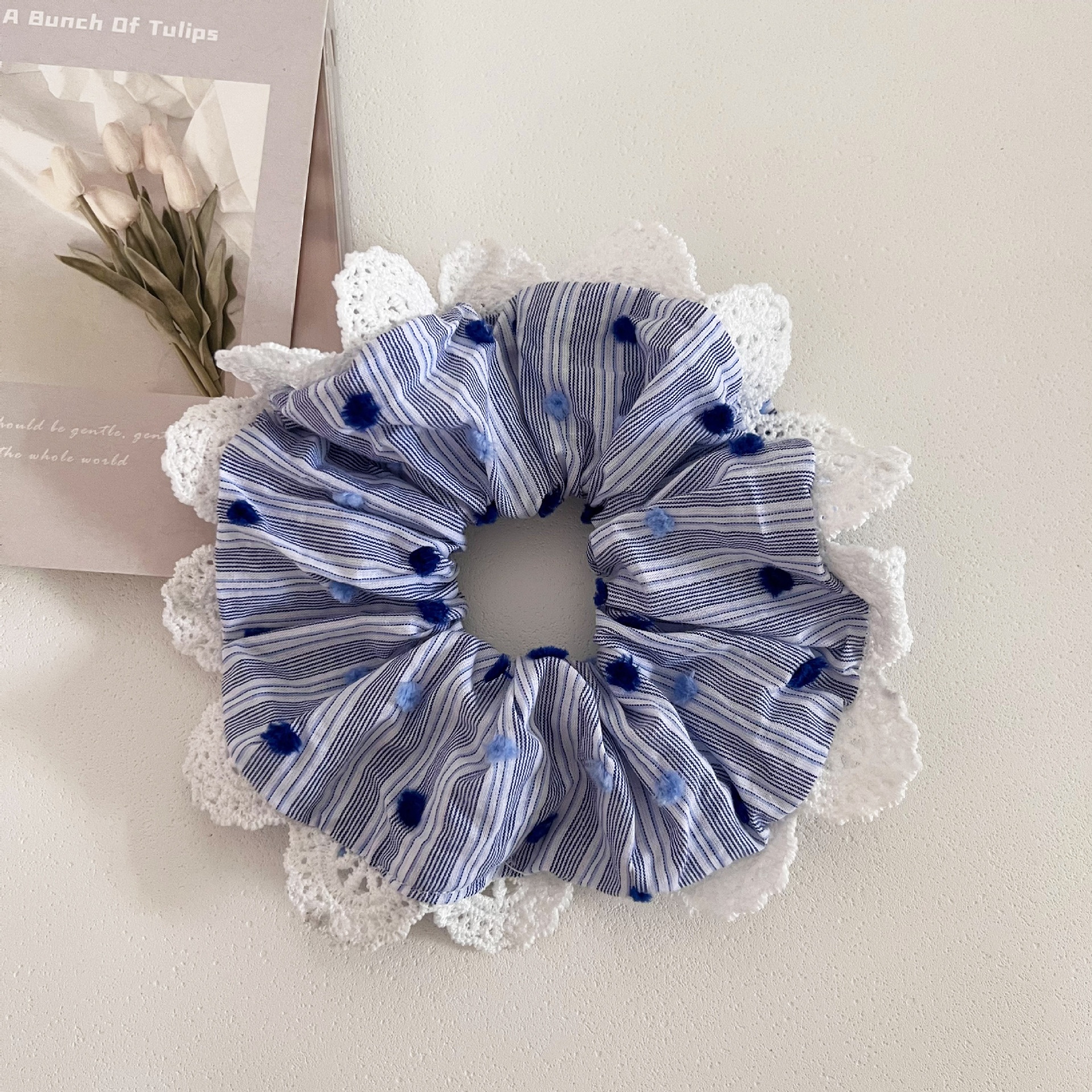 Women's Handmade Fabric Hair Bun Scrunchie Striped Polka Dot Lace Pink Blue