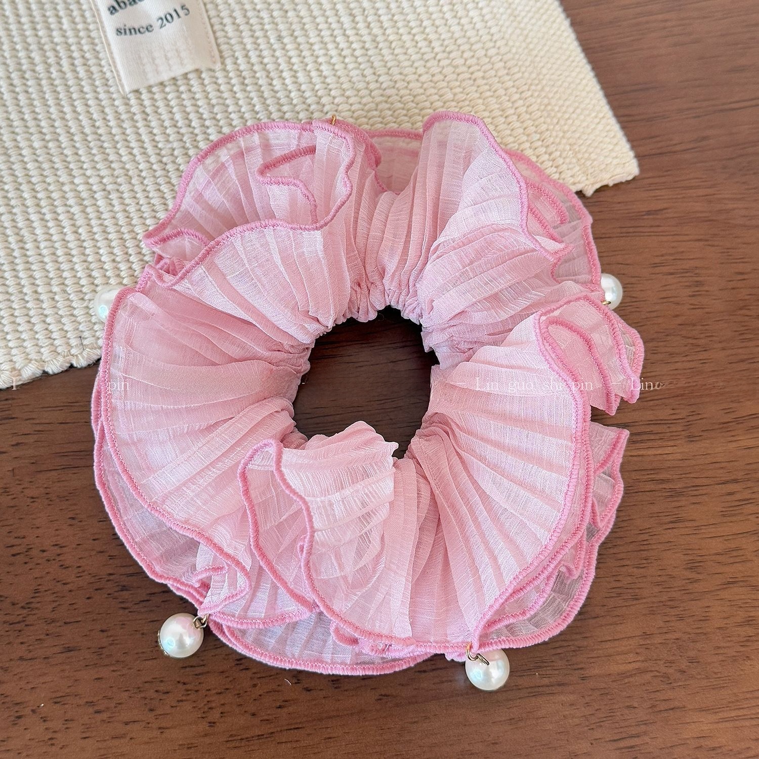 Women Summer Fairy Pearl Mesh Flower Scrunchie Hair Tie Solid Color