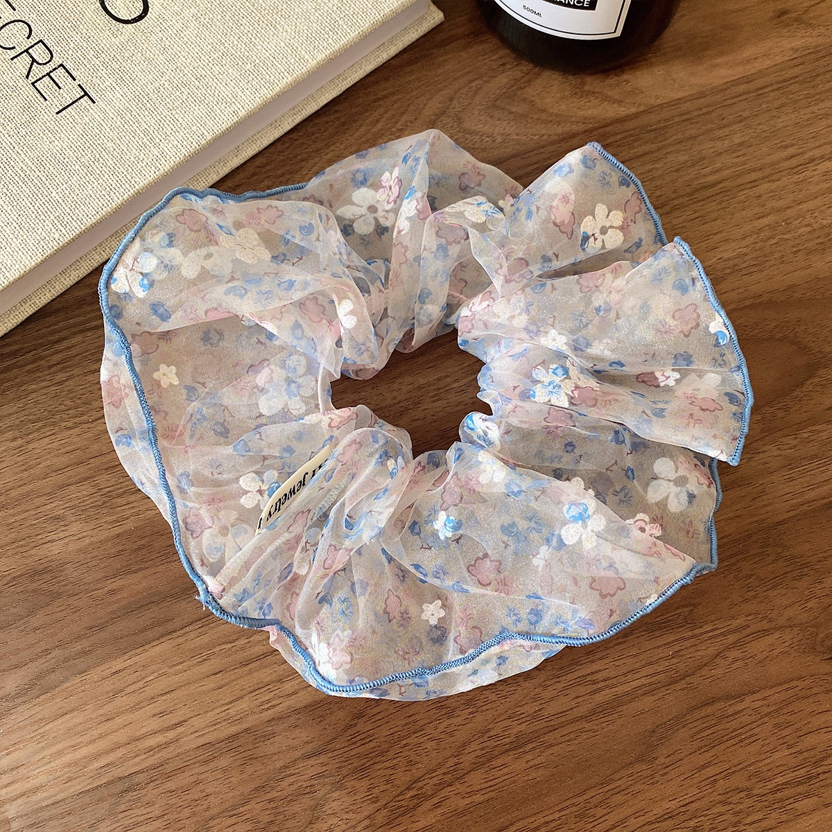 Women's Spring Summer Soft Gauze Hair Tie Scrunchie Pink Ditsy Floral