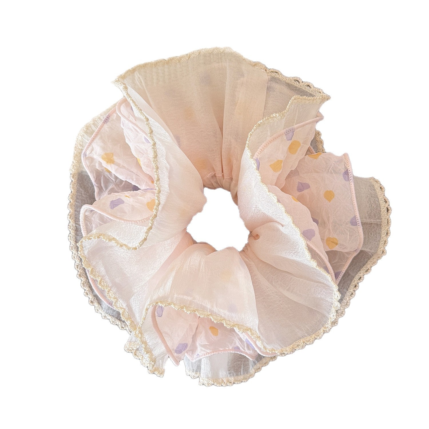 Women's Sweet Spring Gauze Hair Tie Scrunchie Grey Polka Dots