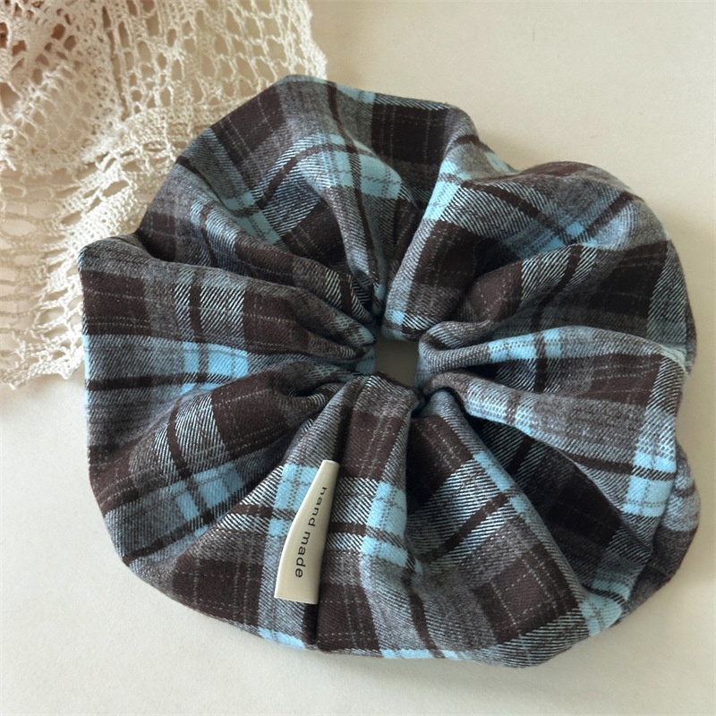 Women's Retro Dark Plaid Hair Ties Preppy Frayed Cloth Elastic Hair Bands