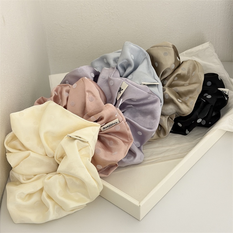 Women's Spring Flocking Satin Hair Tie Scrunchie Black Polka Dots