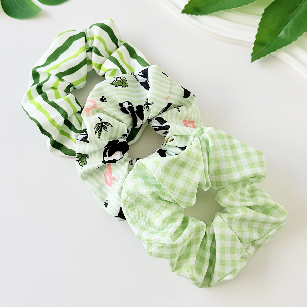 Women's Winter Cloth Hair Tie Cute Green Plaid Panda Pattern