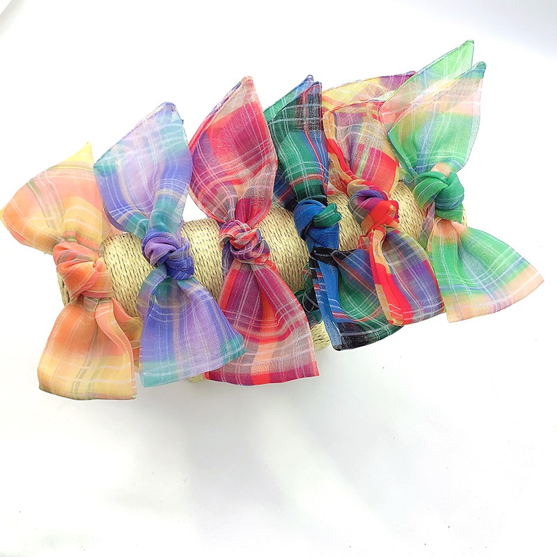 Women's Summer Organza Bowknot Hair Tie Scrunchie Rainbow Plaid