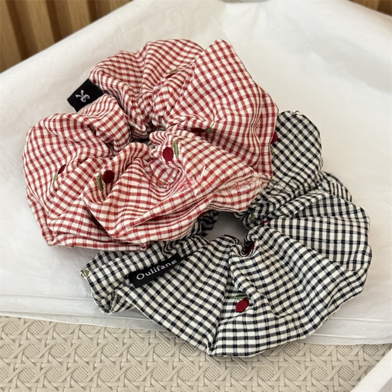 Women's Daily Cloth Scrunchies Hair Ties Red Black Cherry Checkered