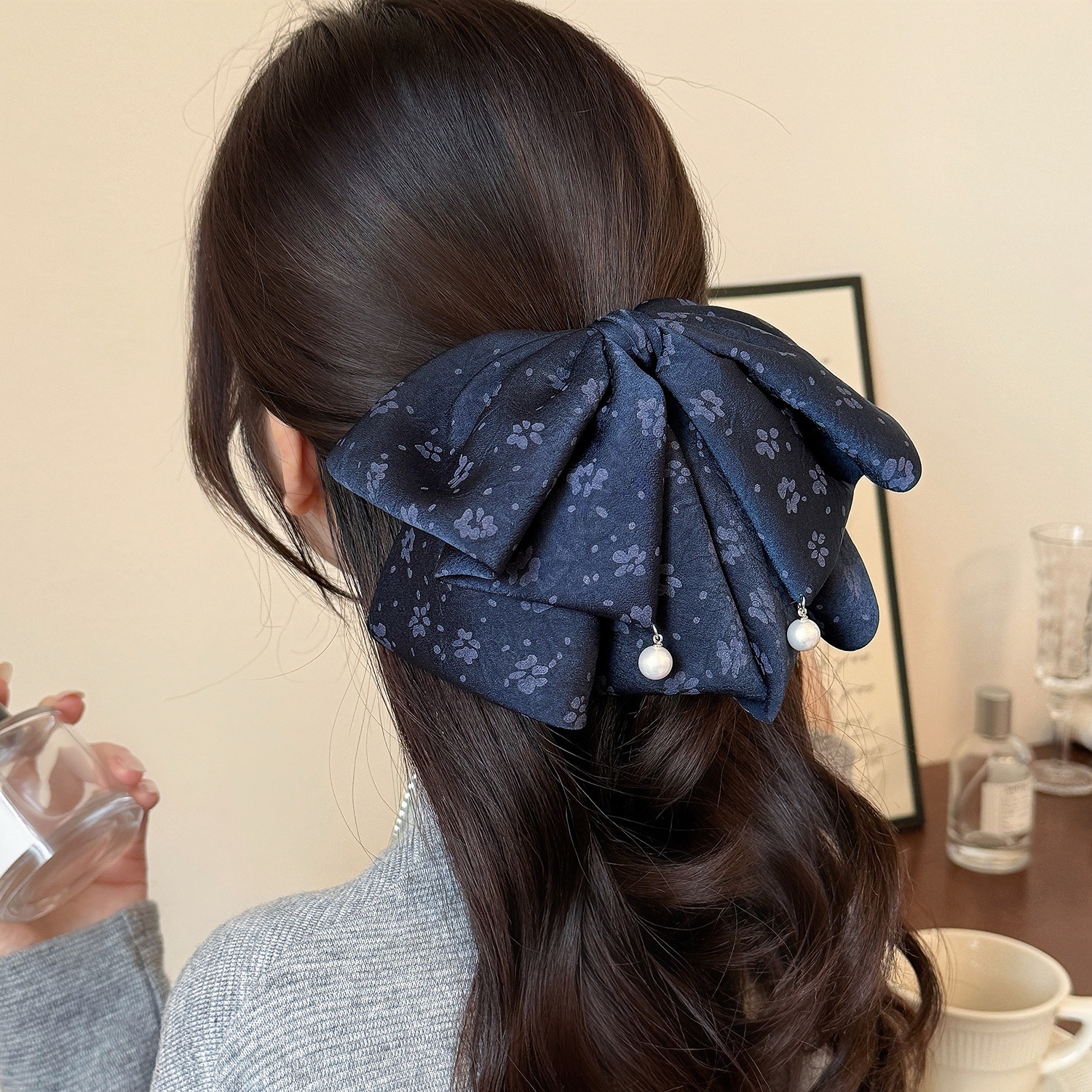 Women's Vintage Print Silk Ribbon Bowknot Hair Clip for Low Ponytail
