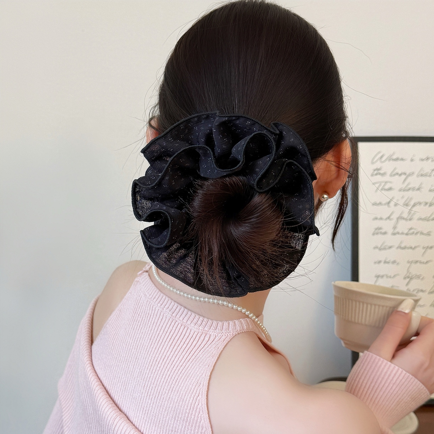 Women's All-Season Elastic Gauze Hair Tie Scrunchie Black Polka Dot