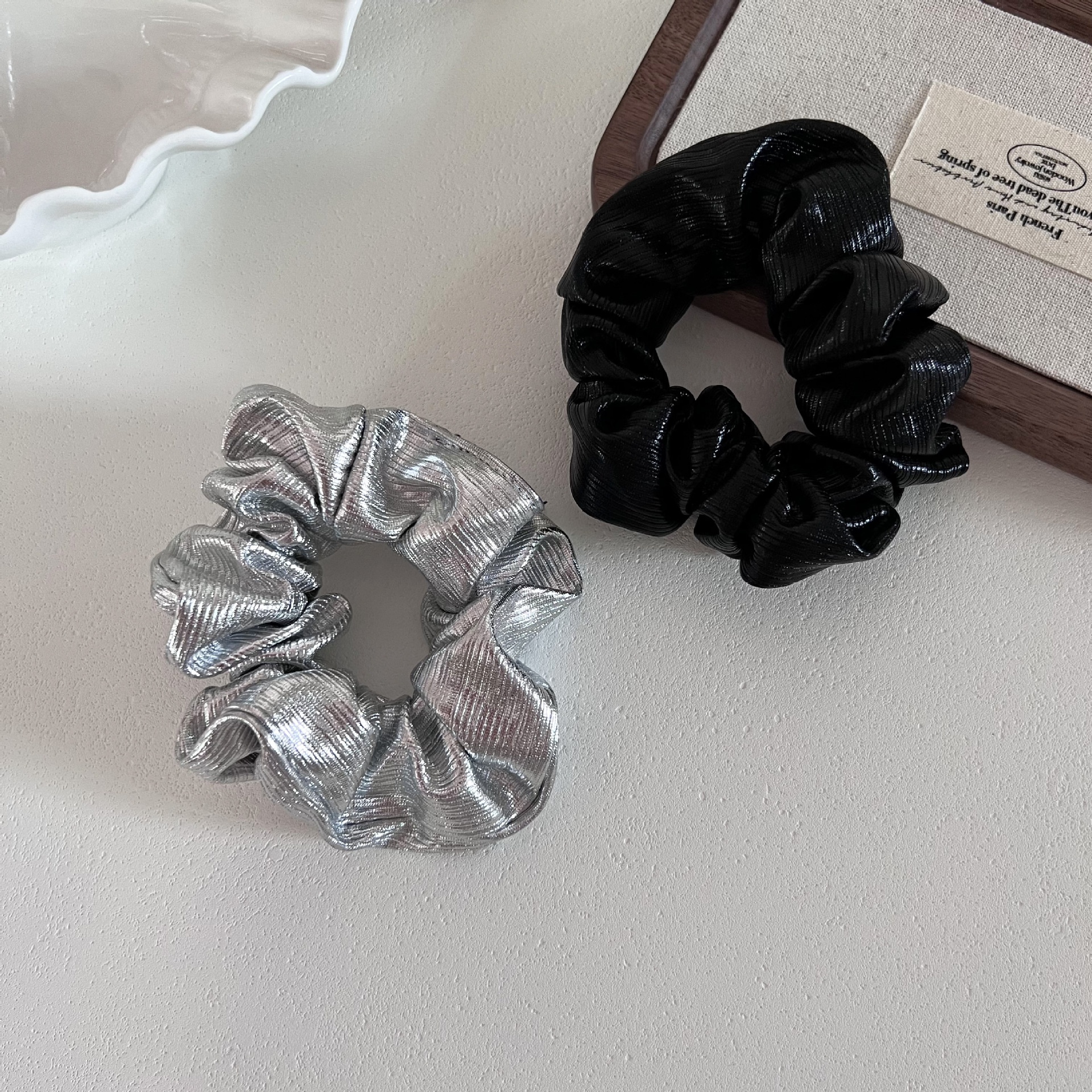 Women's Chic PU Leather Ponytail Hair Tie Solid Black Silver