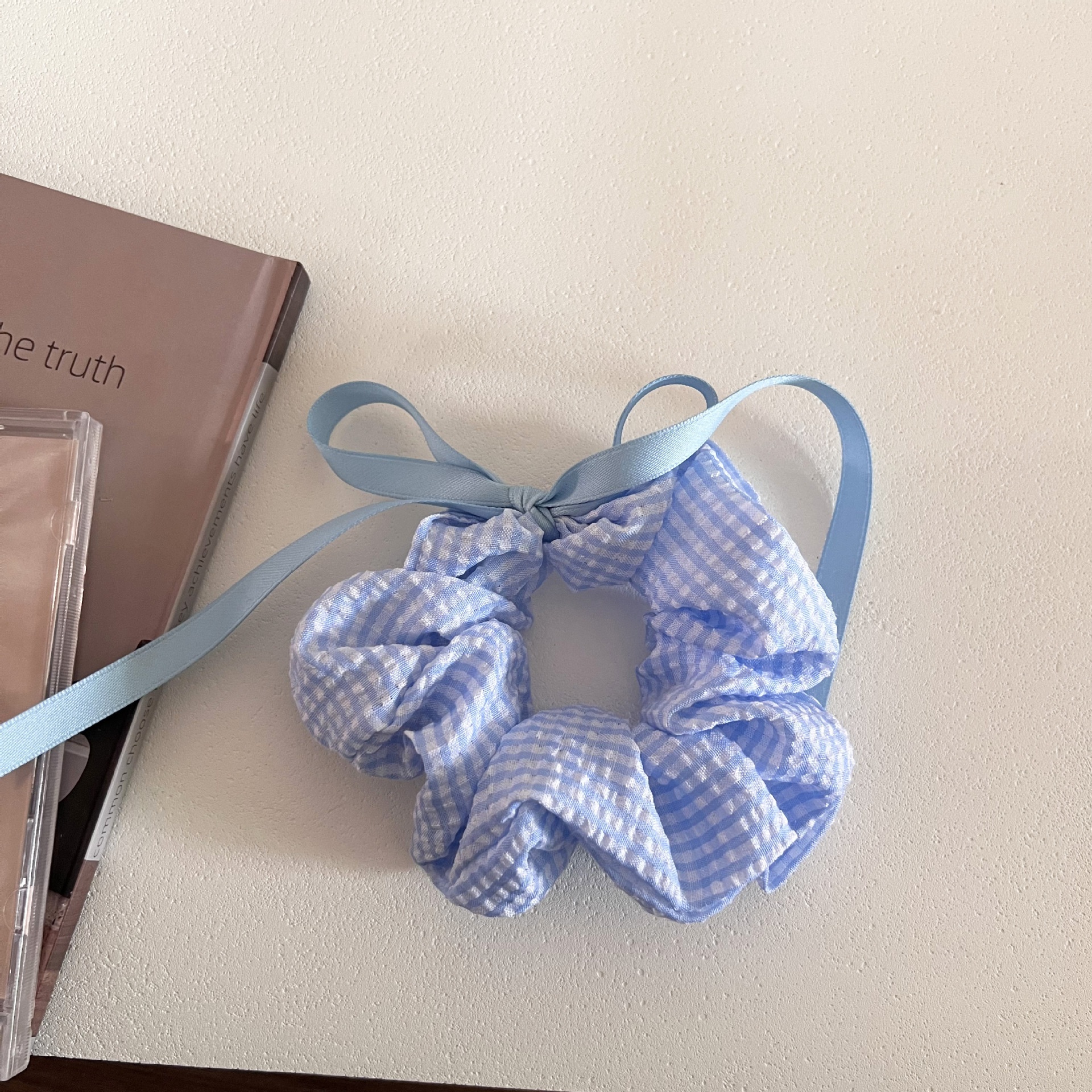 Women's Large Cloth Bow Scrunchie For Hair Buns Blue Plaid Polka Dot