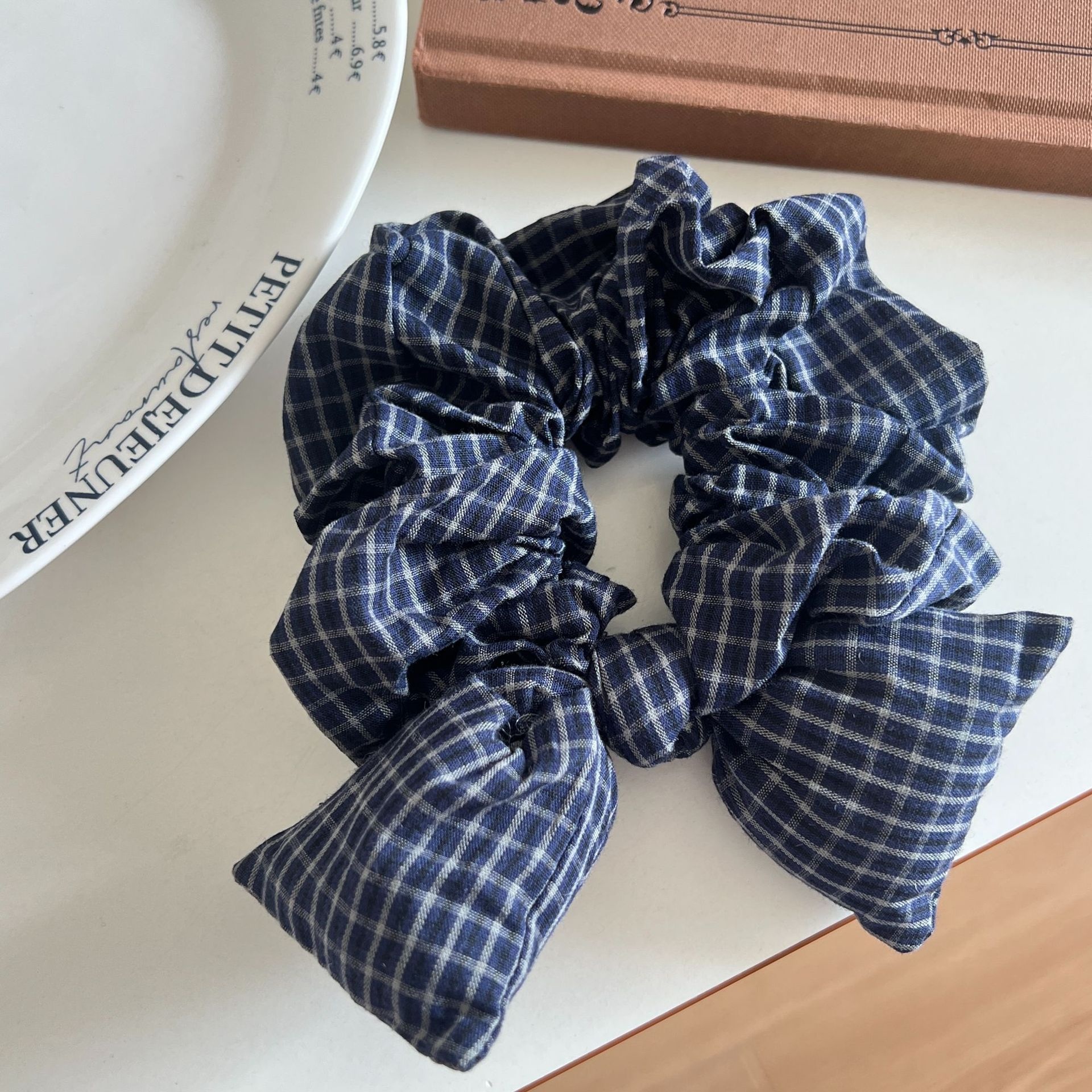 Women's Ruffled Fabric Low Ponytail Hair Tie Scrunchie Retro Plaid