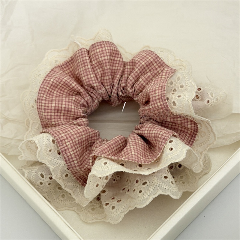 Women's Summer Cloth Hair Scrunchies Pink Plaid Lace Patchwork