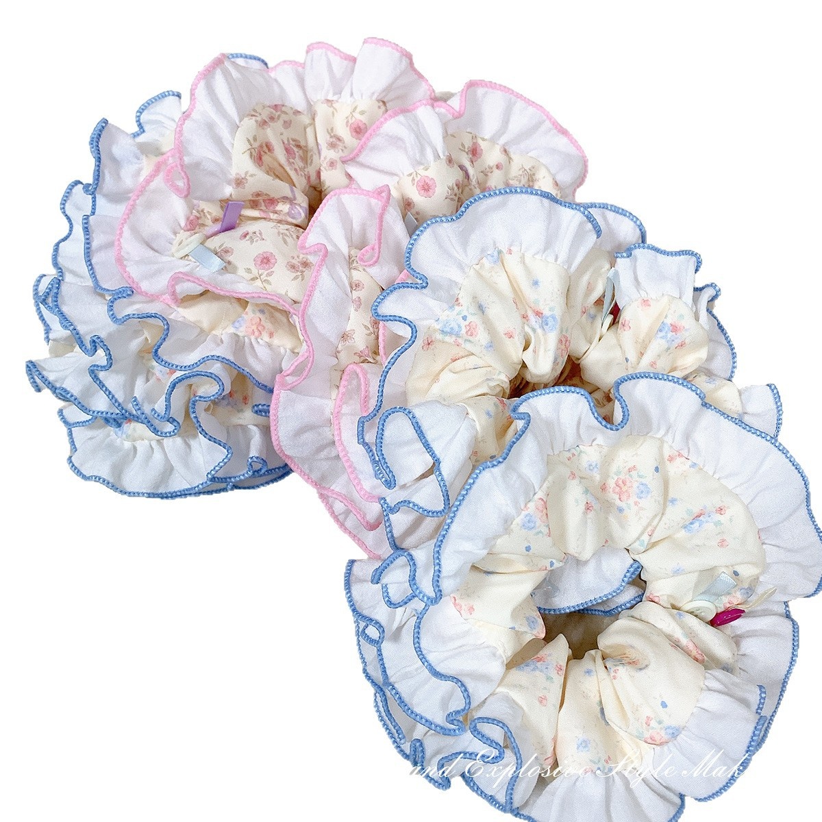 Women's Sweet Cloth Pleated Scrunchie Hair Tie Summer Floral Bow Pearl