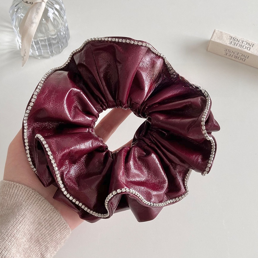 Women's Cool Rhinestone PU Leather Spring Hair Tie Solid Wine Red