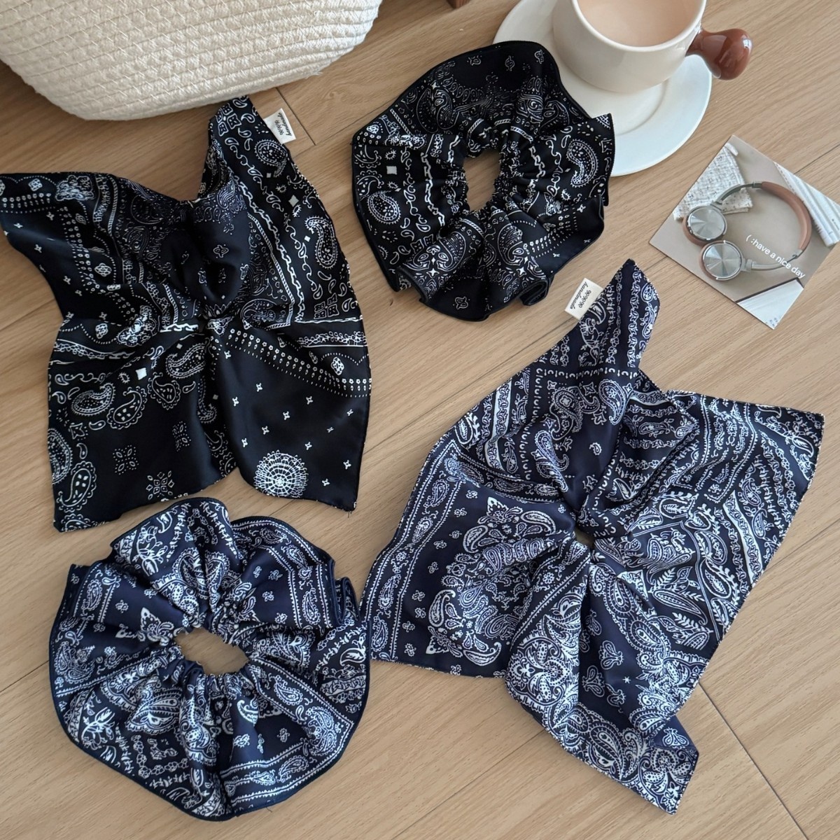 Women's Oversized Silk Scarf Hair Scrunchie Retro Black Nut Flower