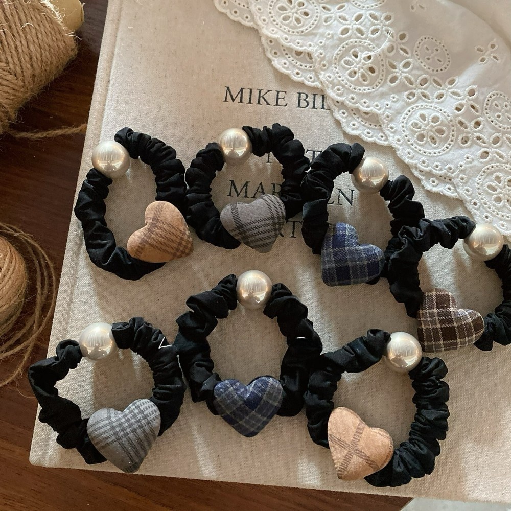Women's Autumn Winter High Elastic Pearl Fabric Hair Ties Plaid Heart
