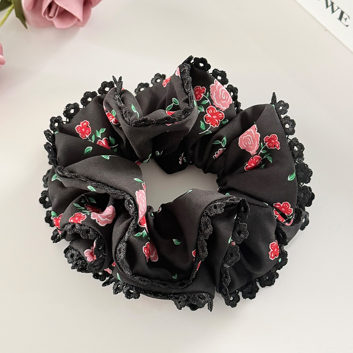 Women's Valentine Double Layer Lace Hair Scrunchie Rose Flower