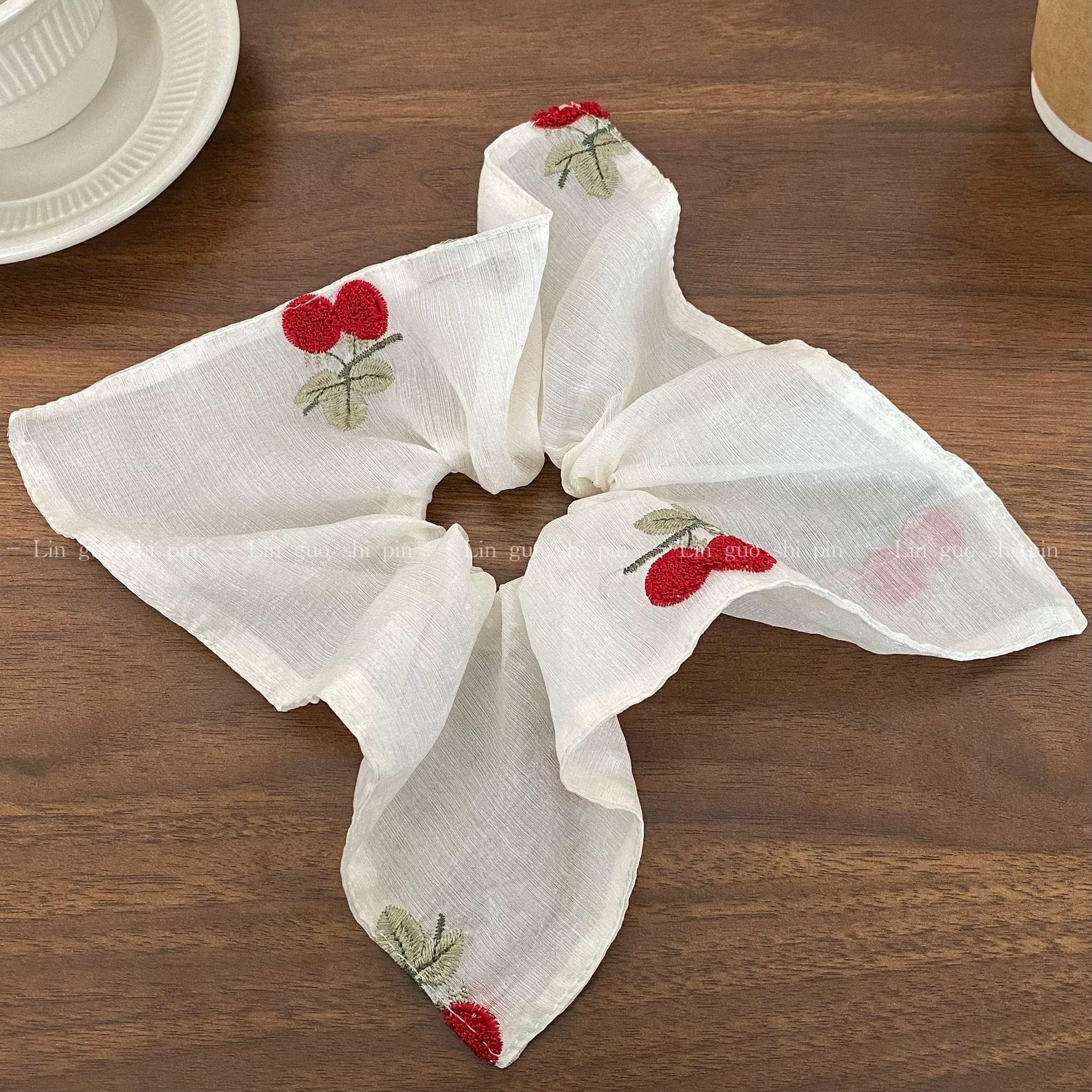 Women's Sweet Gauze Hair Tie White Cherry Pattern Lace Embroidery