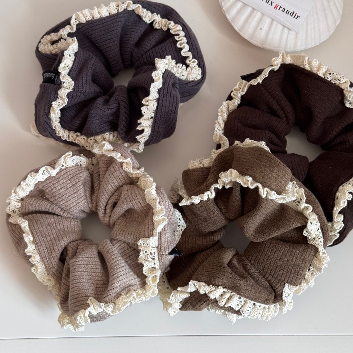 Women Casual Knitted Elastic Hairband Double Layer Lace Edge Solid Color