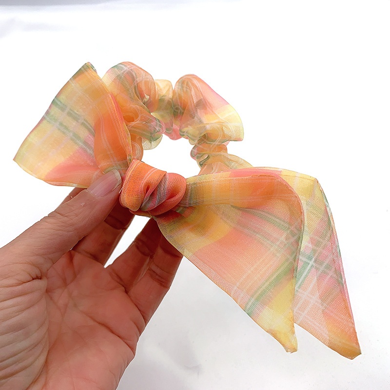 Women's Summer Organza Bowknot Hair Tie Scrunchie Rainbow Plaid