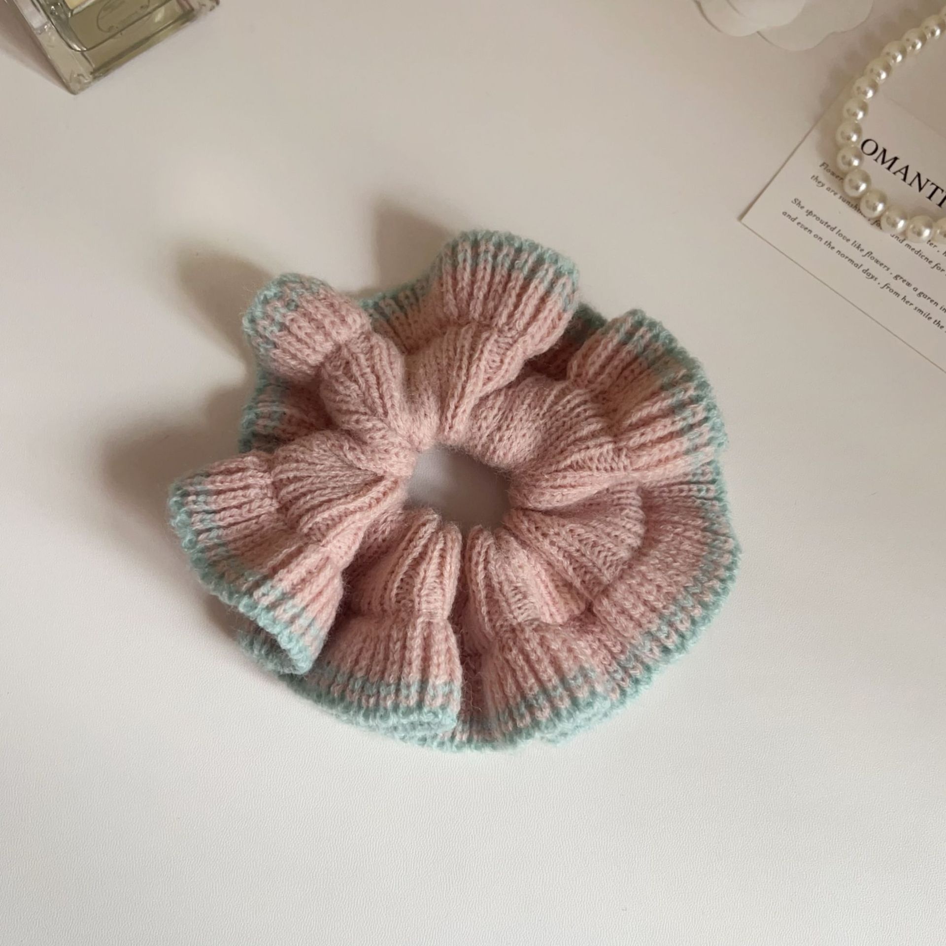 Women's Autumn Winter Warm Yarn Hair Tie Pink Plaid Color Block