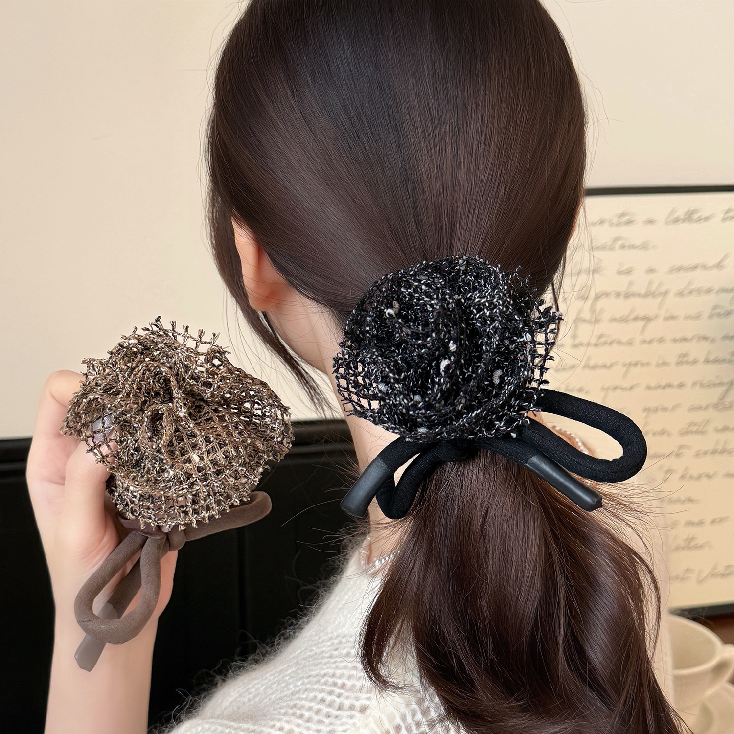 Women's French Romantic Knitted Rose Flower Butterfly Knot Elastic Hair Ties