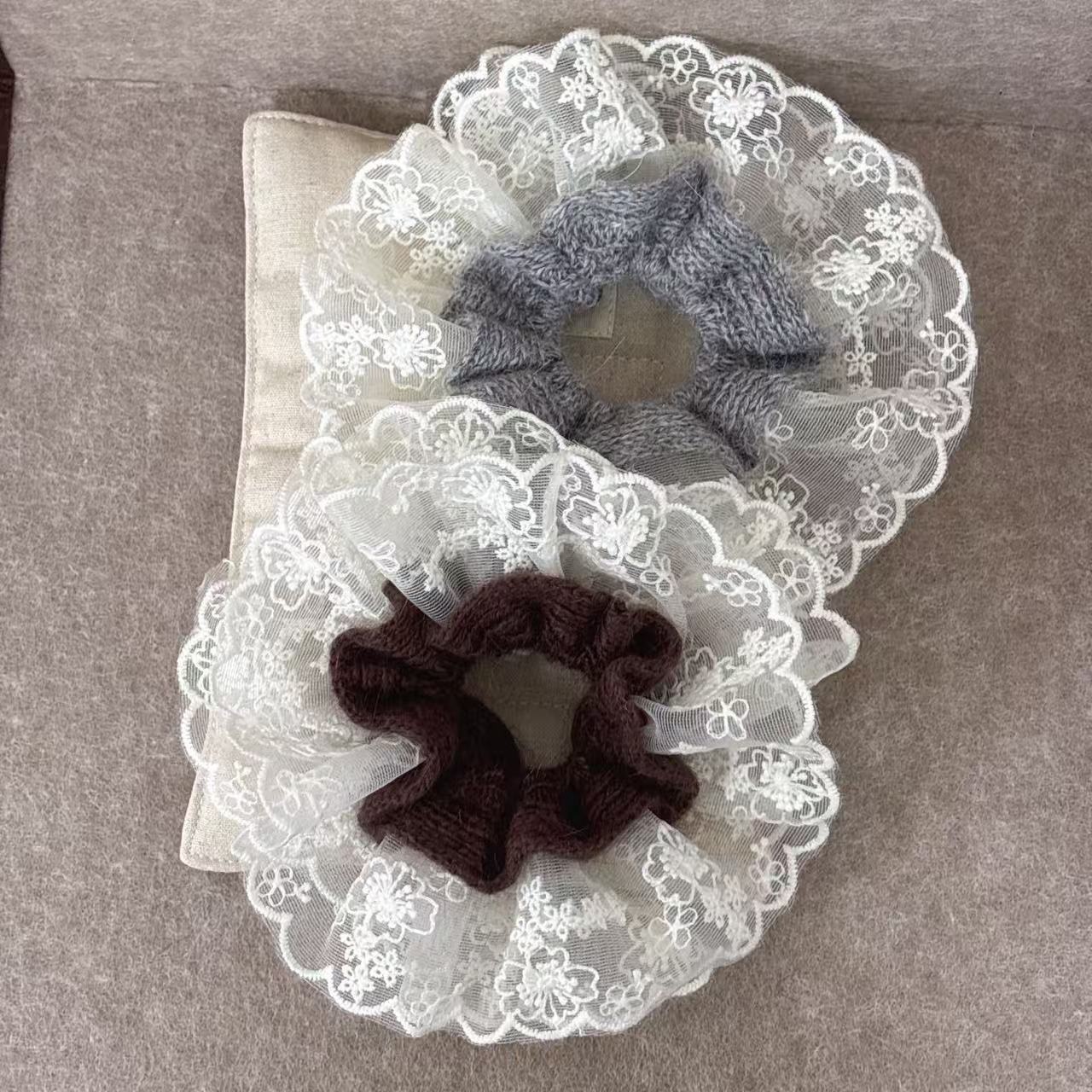 Women's Gray Knitted Lace Hair Ties Autumn Winter Fashionable Ponytail Bands