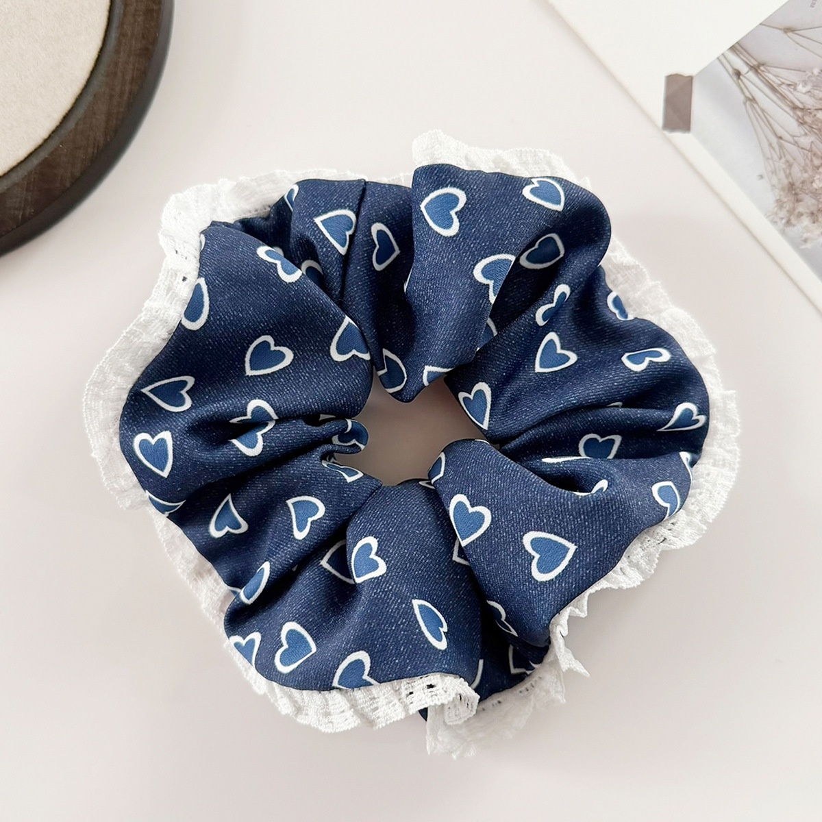 Women Denim Hairband Large Lace Edge Heart Shape Blue Hair Accessories