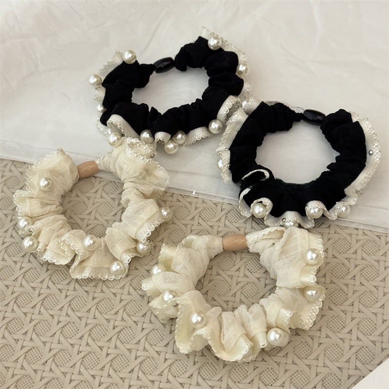 Women's Pearl Bubble Braid Cloth Hair Tie Summer Accessory Beige Black