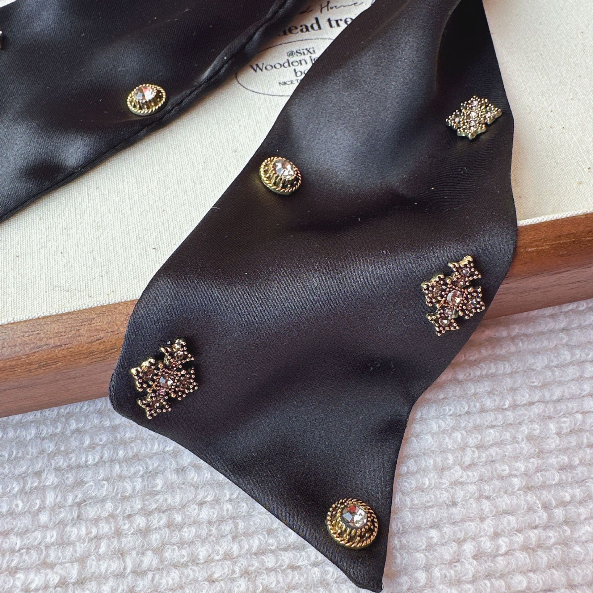 Women's French Rhinestone Satin Hair Tie Spring Accessory Black