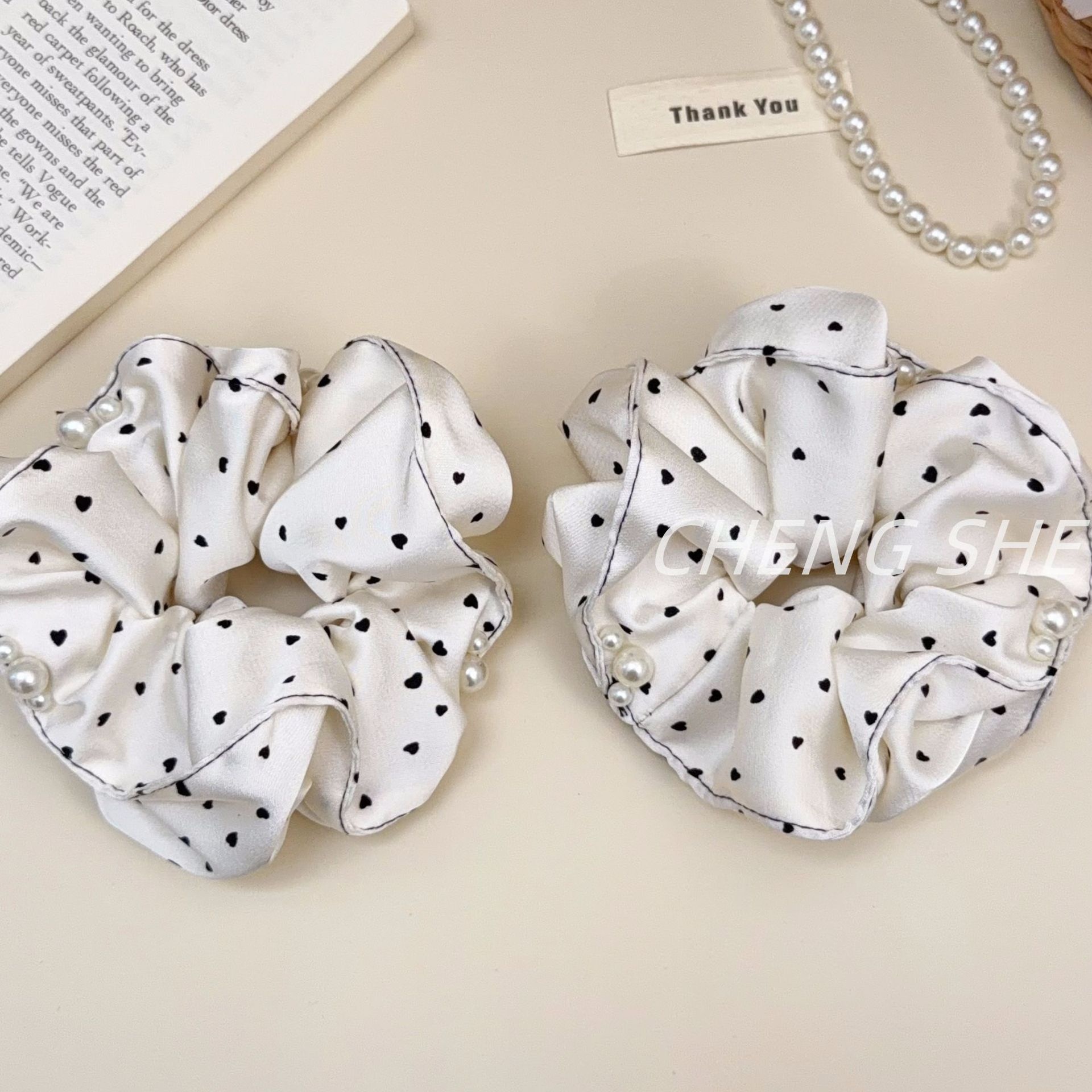 Women's Spring Satin Heart Shape Hair Tie Scrunchie Beige Polka Dots