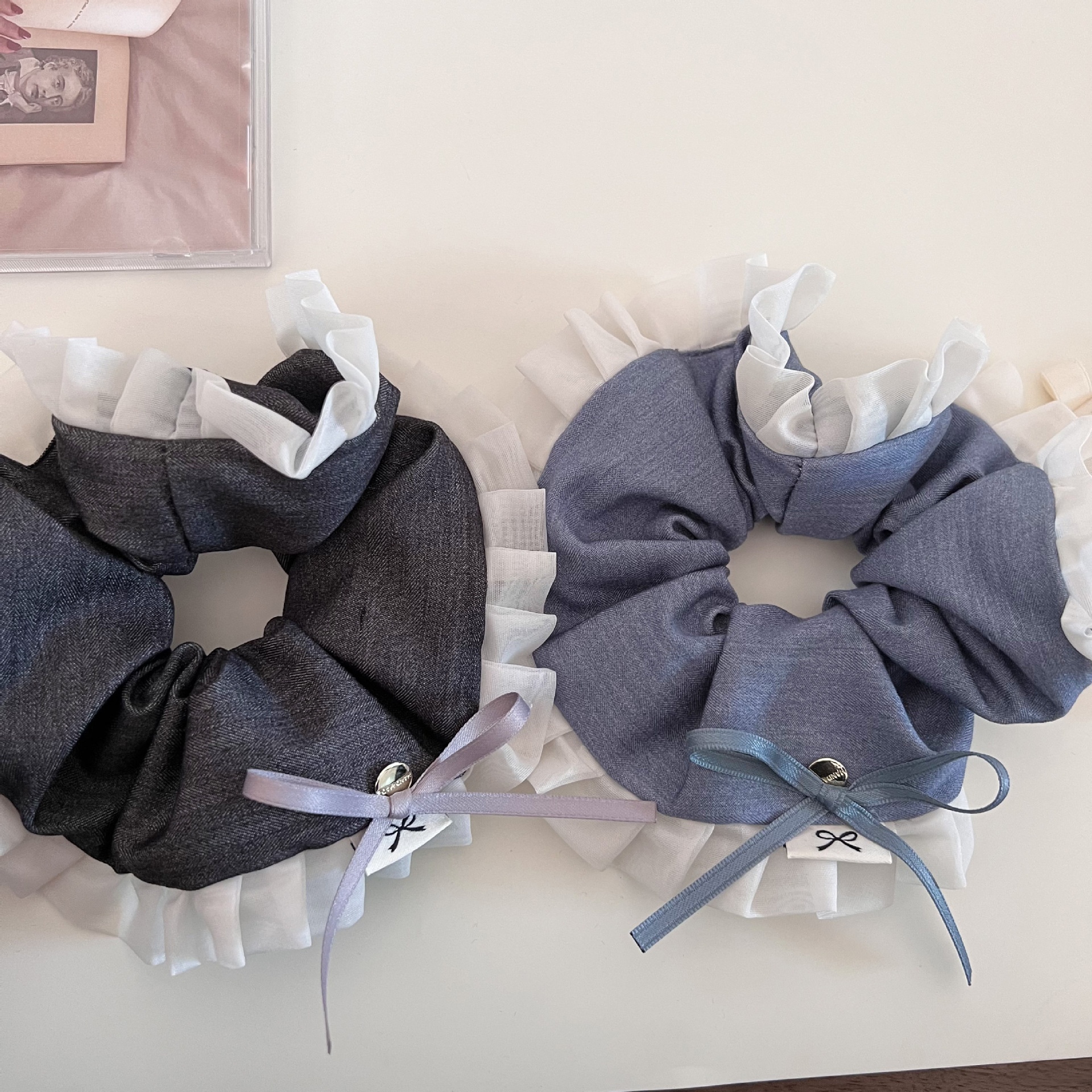 Women's Spring Sweet Cloth Ruffle Bowknot Scrunchie Hair Tie Dark Grey