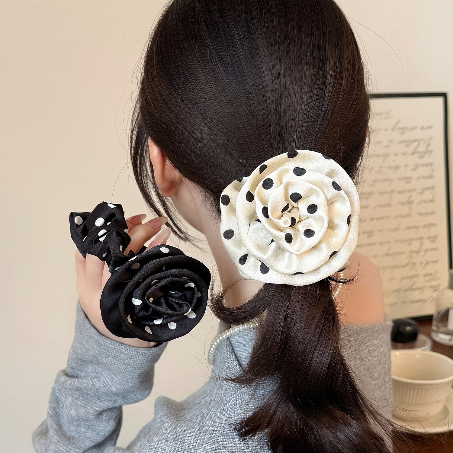 Women Pleated Cloth Elastic Hair Ties Sweet Rose Floral Polka Dot