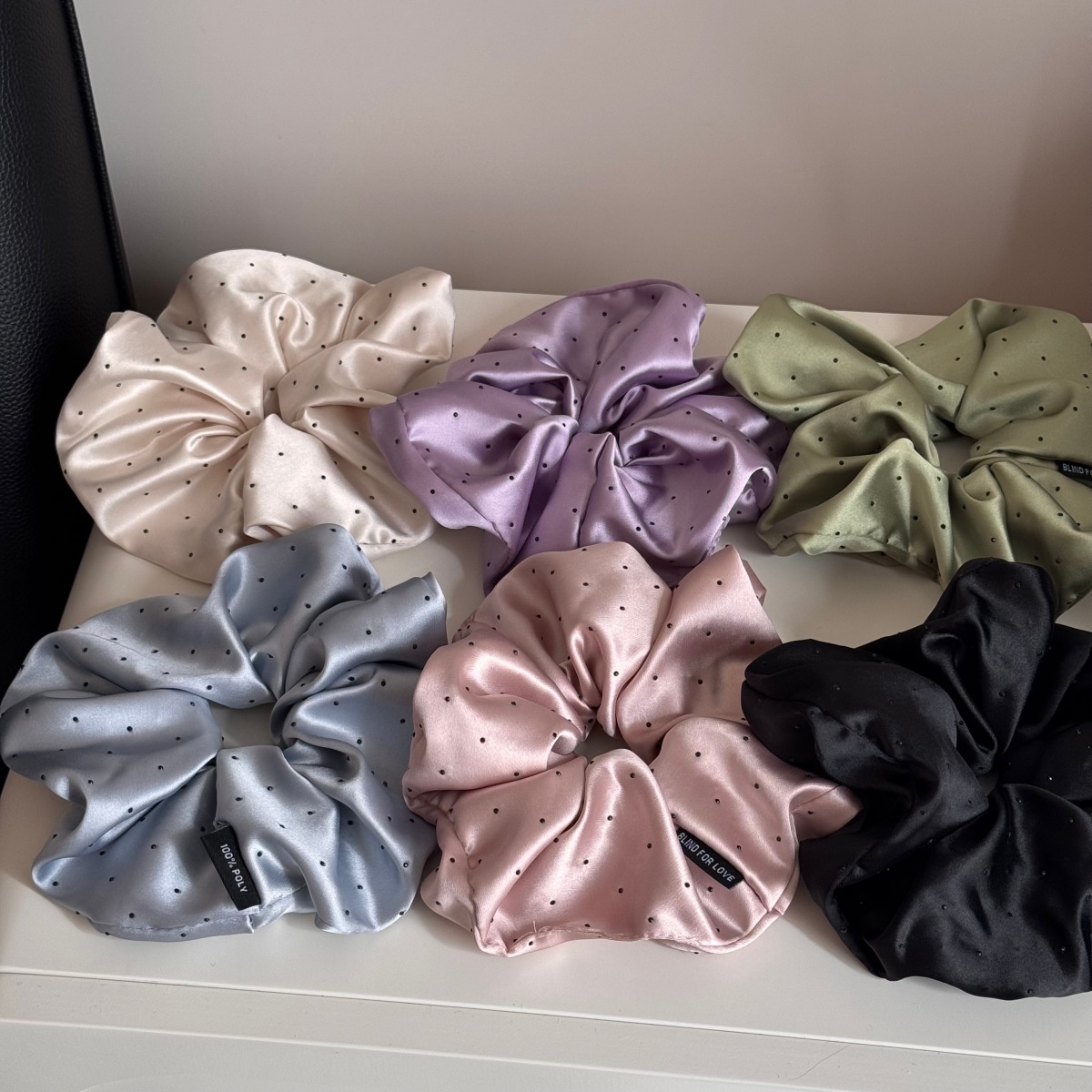 Women's Elegant Spring Satin Hair Tie Scrunchie in Beige Polka Dots