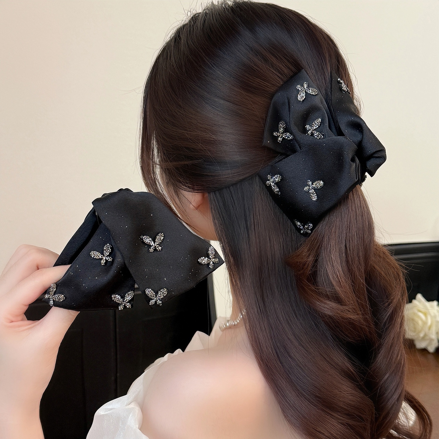 Women's Vintage Rhinestone Cloth Styling Hair Clip Elegant Black Bowknot