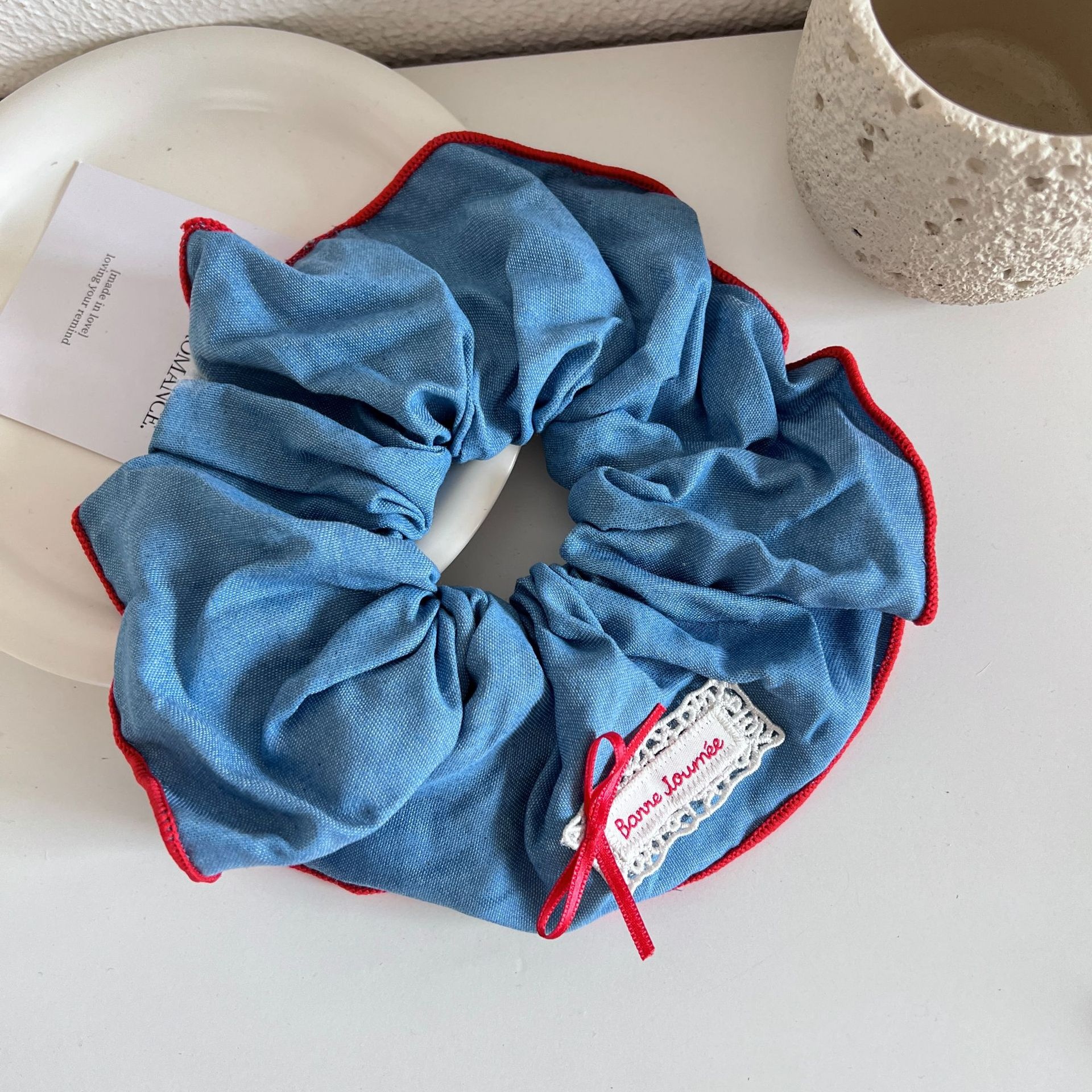 Women's Elegant Cloth Scarf Hair Tie Daily Scrunchie Retro Plaid Cherry