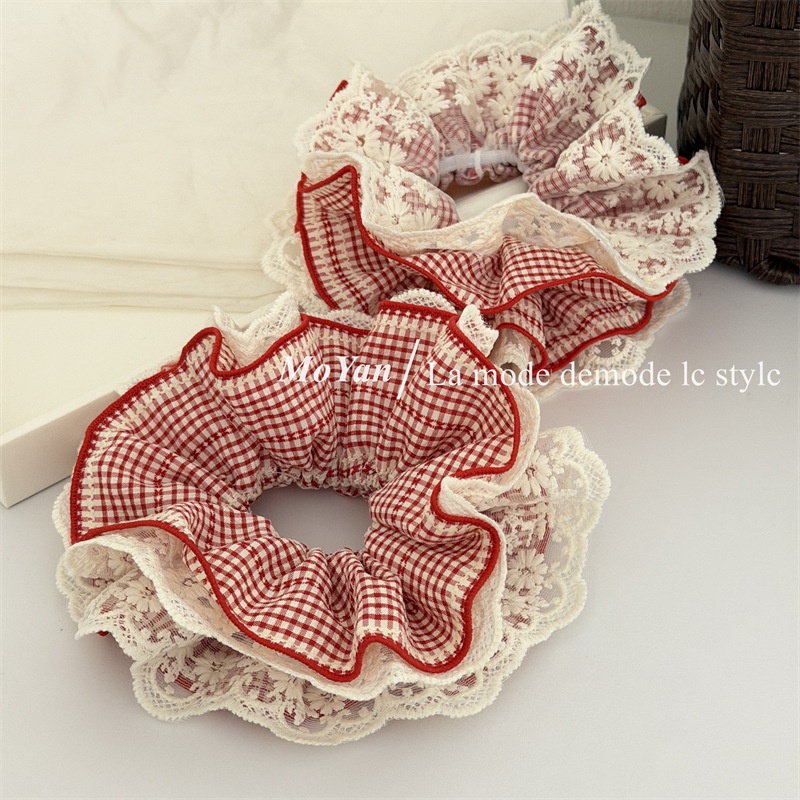 Women's Casual Cloth Hair Scrunchies Red White Plaid Patchwork