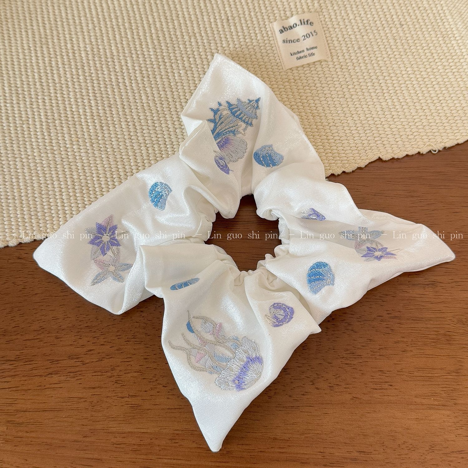 Women's Soft Cloth Hair Tie, Navy Blue Marine Starfish Shell Embroidery