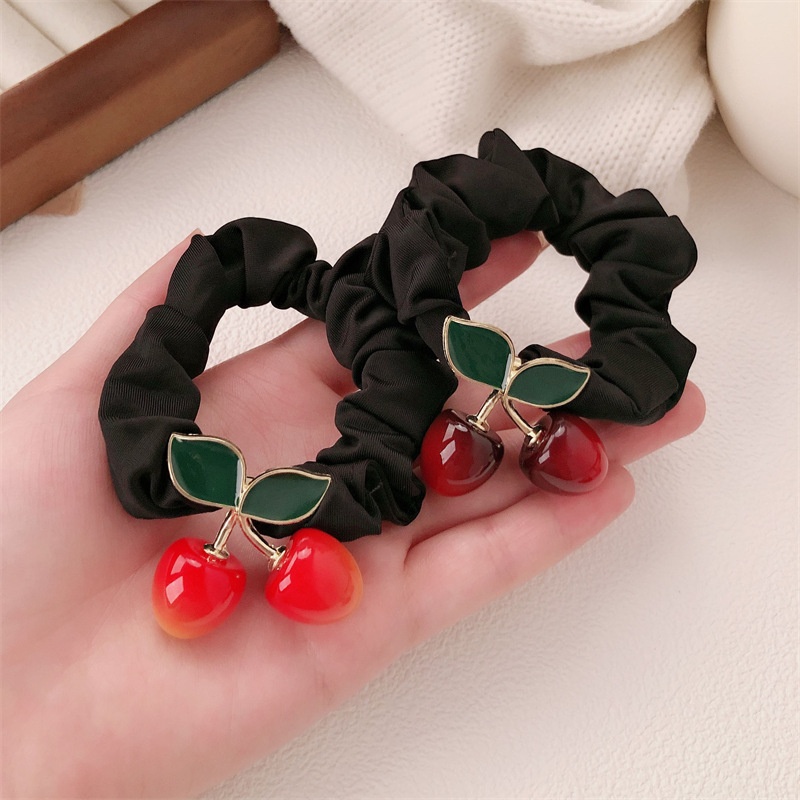 Women's Handmade Retro Cherry Alloy Elastic Ponytail Hair Band Maroon