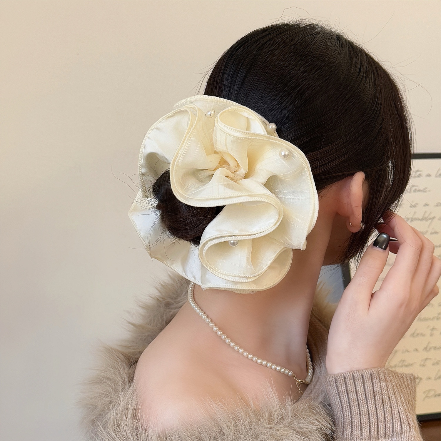 Women's Spring Soft Gauze Pearl Bubble Braid Hair Tie Solid Black