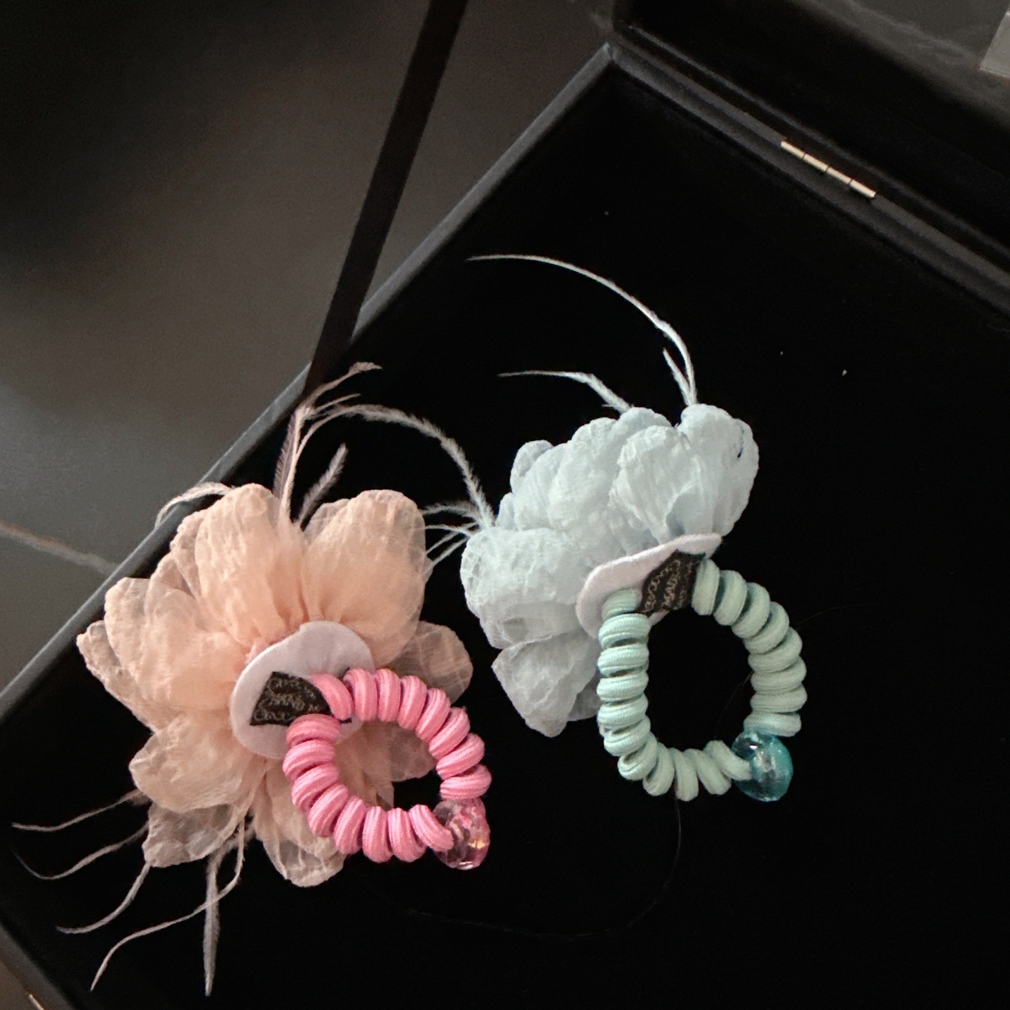 Women's Spring Fairy Tulle Telephone Cord Hair Tie Airy Blue Flowers