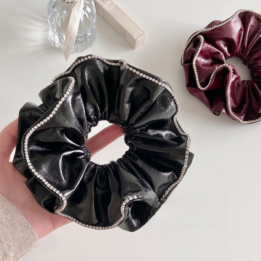 Women's Cool Rhinestone PU Leather Spring Hair Tie Solid Wine Red