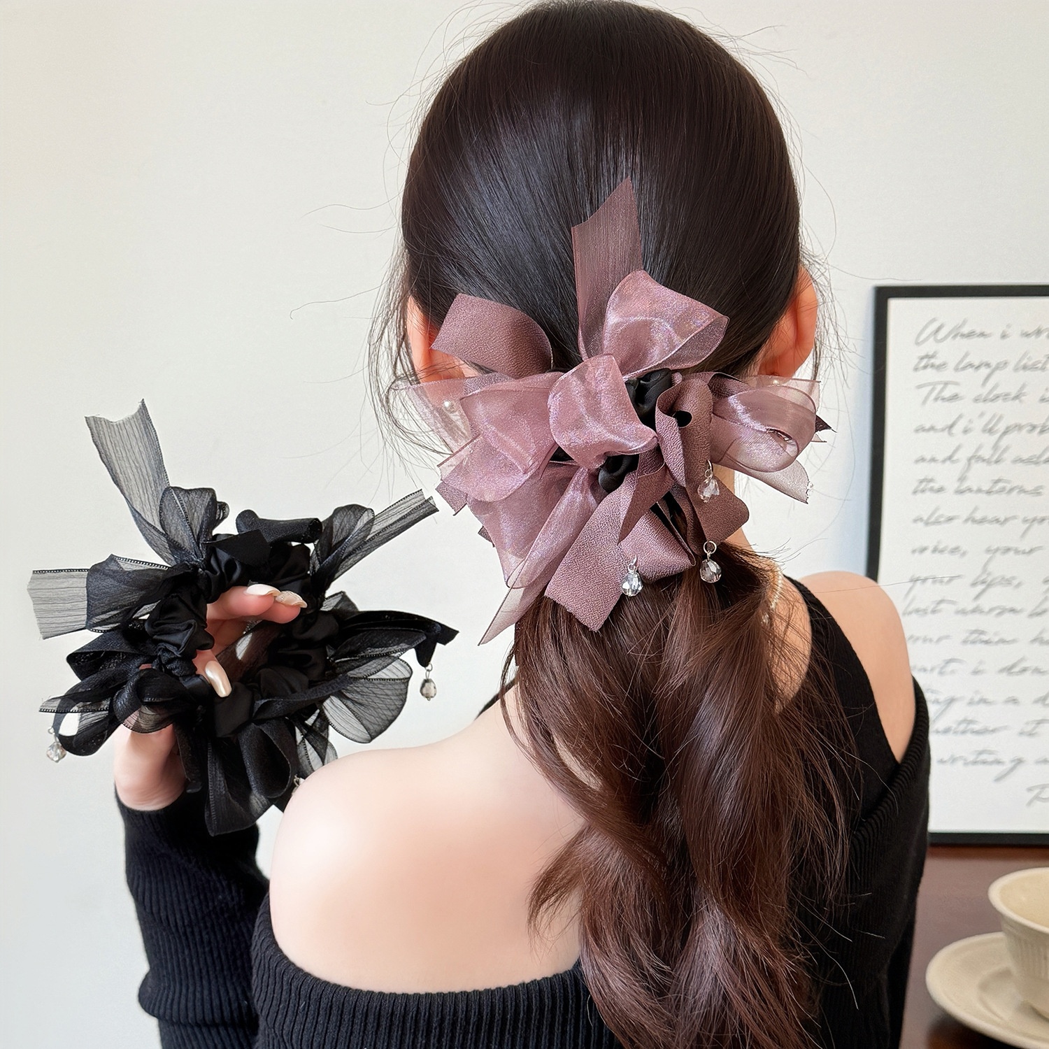 Women's Soft Gauze Spring Summer Hair Tie Black Pink Bowknot