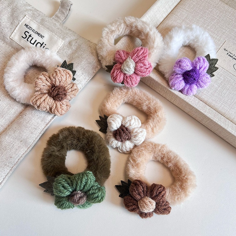 Women's Sweet Plush Flower Hair Tie Autumn Winter Accessory Beige