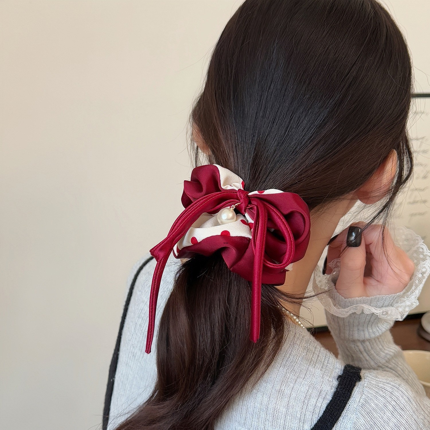 Women's Elastic Pearl Bow Cloth Hair Tie For Buns Black Red Polka Dot