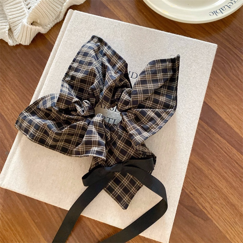 Women's Cloth Bowknot Telephone Cord Hair Tie For Spring Black Plaid